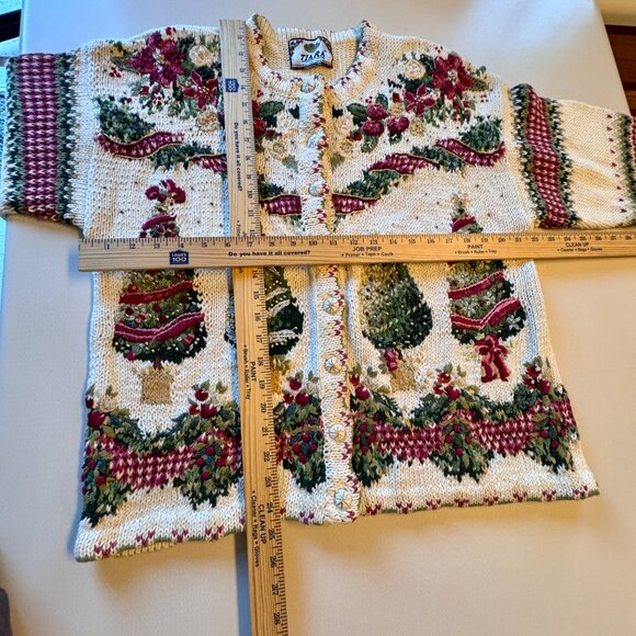 VTG Tiara International Xmas Cardigan Sweater Cream Print Embroidered Xmas Trees - Picture 7 of 9